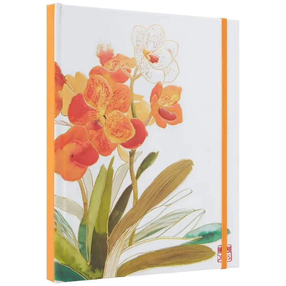 angled view of Notebook with floral design on a white background