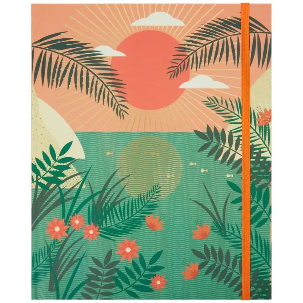 Notebook with a tropical design featuring palm leaves, flowers, and a sunset on the cover.