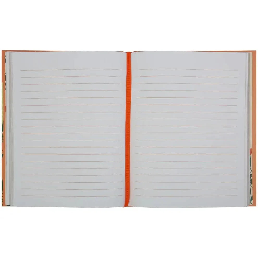 Open notebook with lined pages and a red ribbon marker on a white background