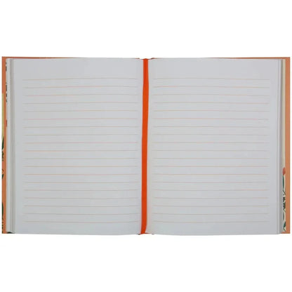 Open notebook with lined pages and a red ribbon marker on a white background