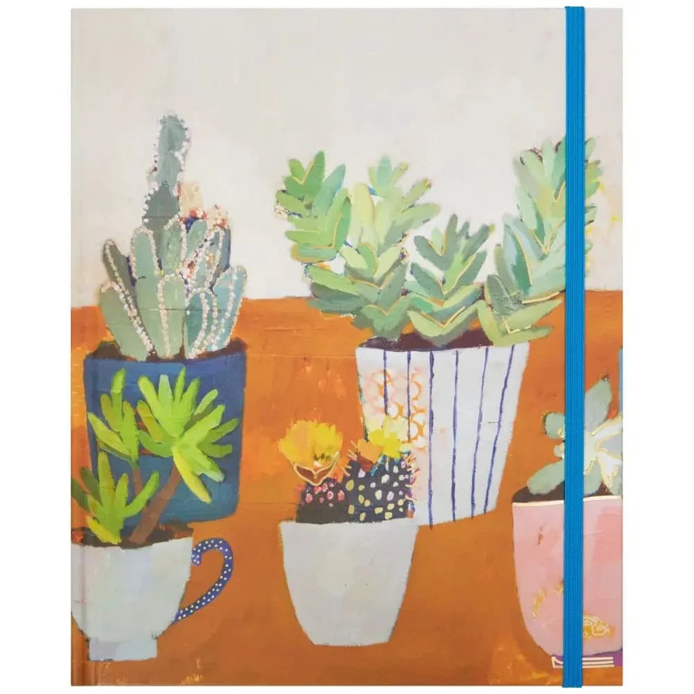 Notebook cover with illustrations of potted plants on a white background