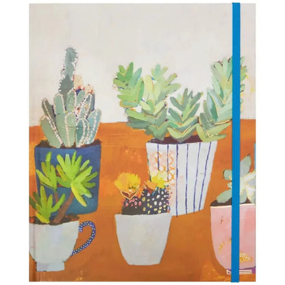 Notebook cover with illustrations of potted plants on a white background