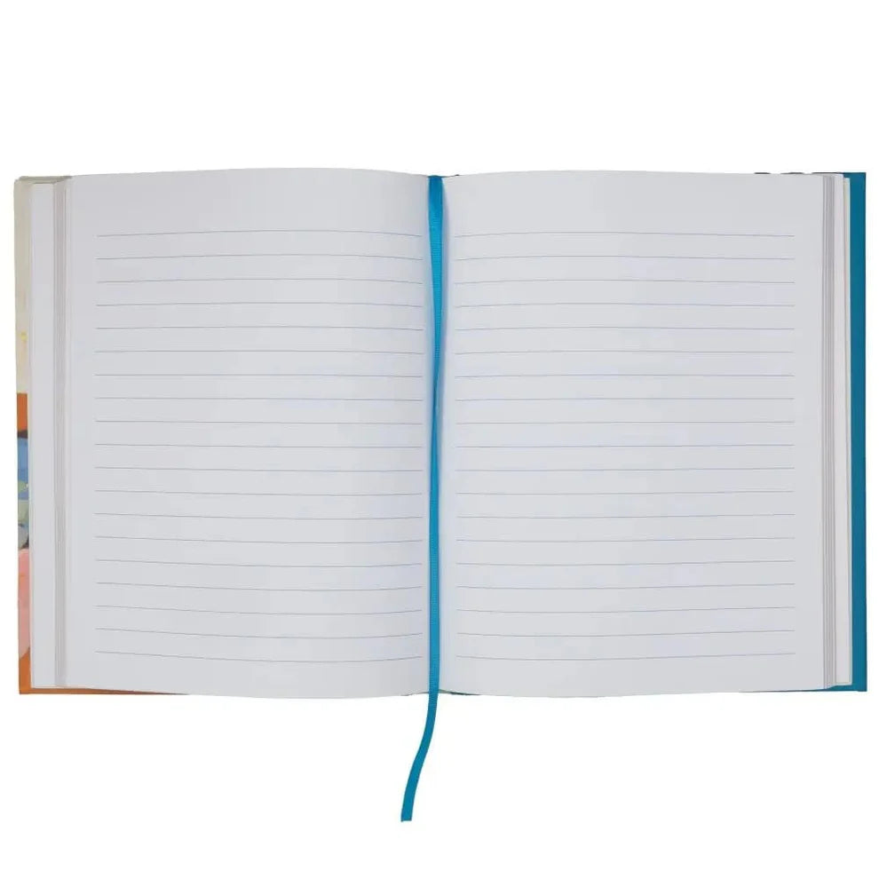 Open notebook with lined pages on a white background