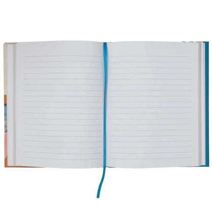 Open notebook with lined pages on a white background