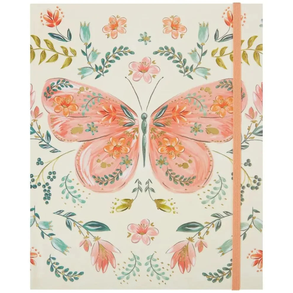 Notebook with floral butterfly design on a white background