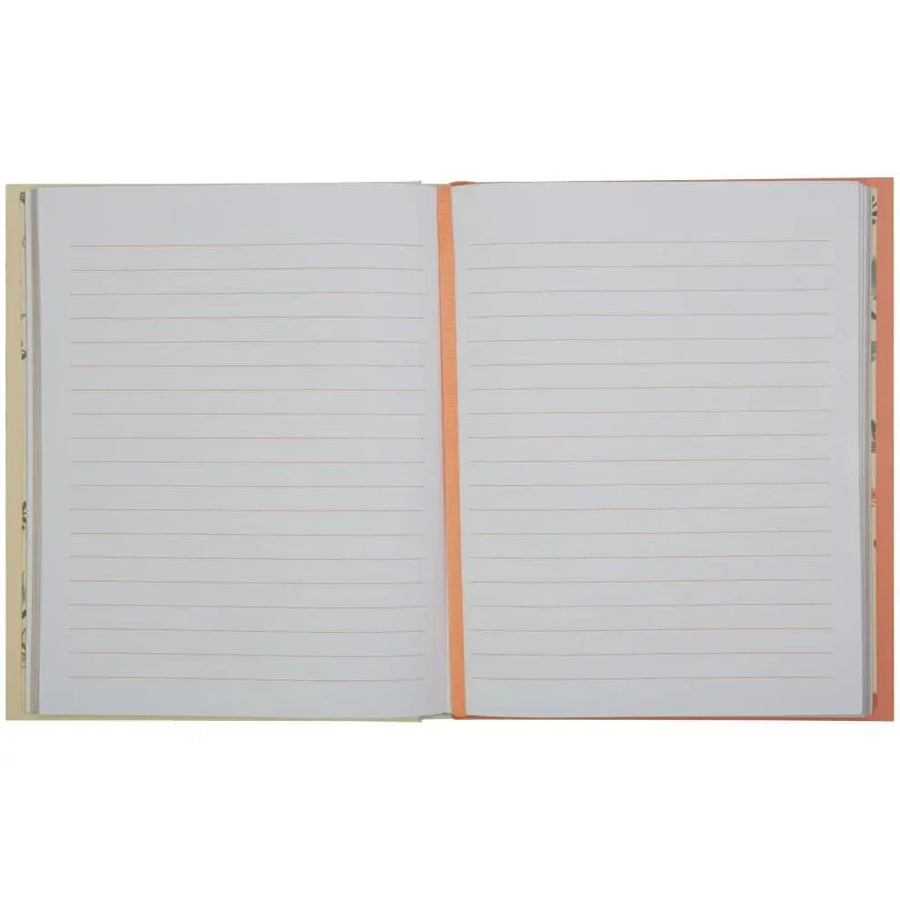 Open notebook with lined pages on a white background