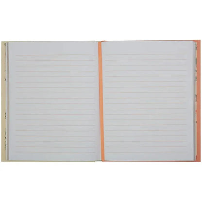 Open notebook with lined pages on a white background