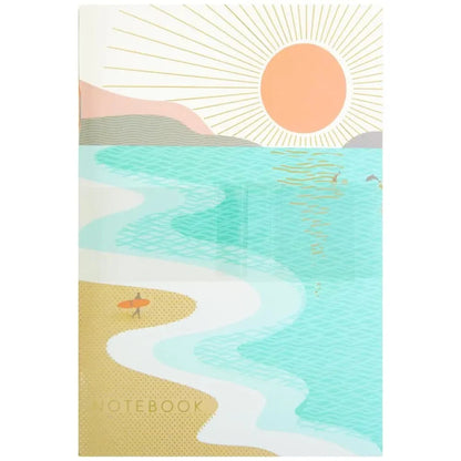 Notebook cover with a beach scene illustration featuring a sun, sea, and sand.