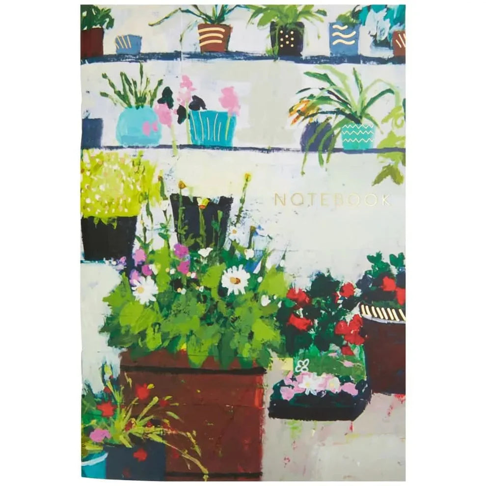 Notebook cover with illustrations of potted plants on a white background