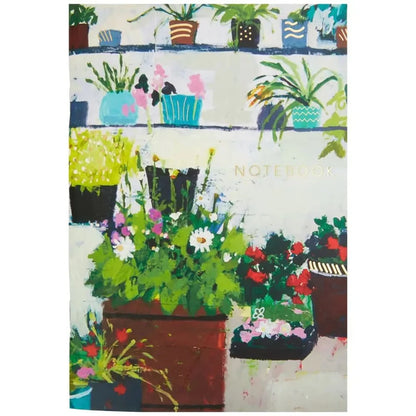 Notebook cover with illustrations of potted plants on a white background