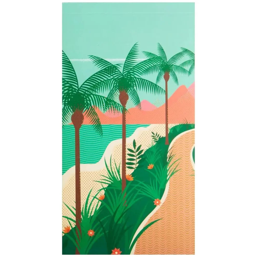 cover of notepad with Tropical beach scene with palm trees and ocean on a green background