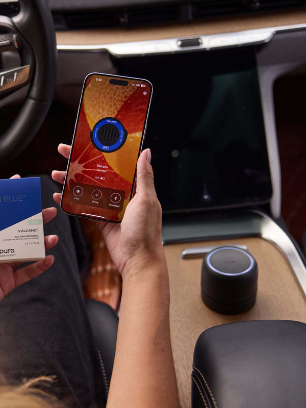 a person holding their phone looking at the pura app with their pura sitting in their car