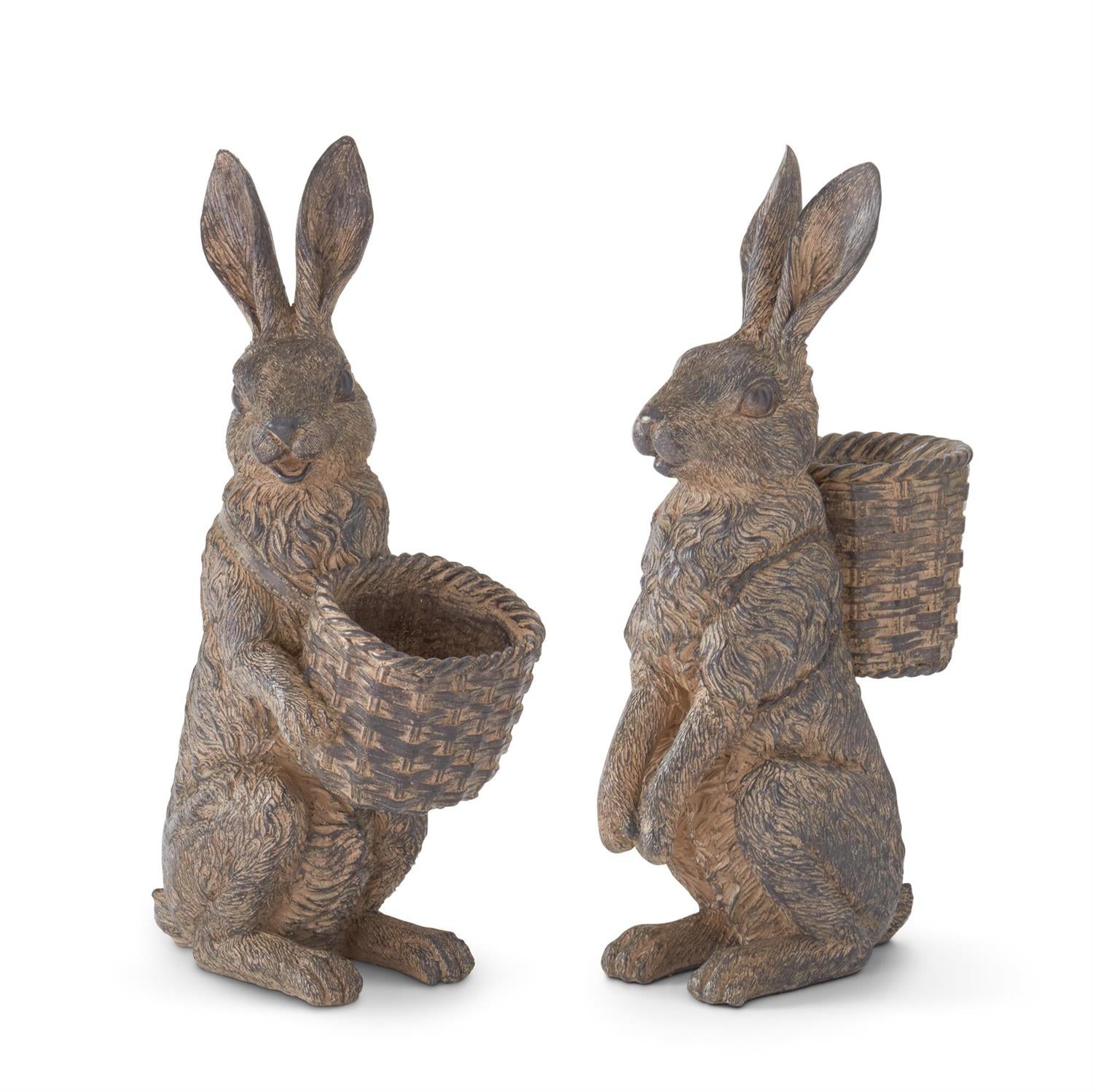 2 brown resin bunny figurines one carring a basket on its front and the other on its back
