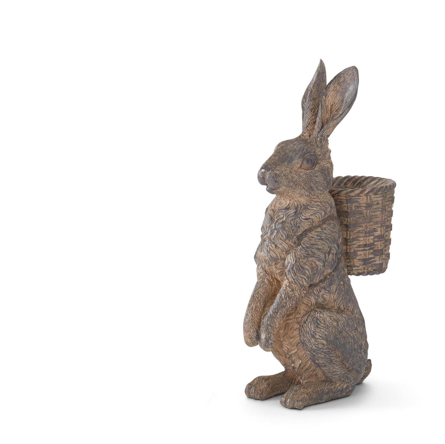 Statue of a rabbit carrying a basket on its back shown a white background