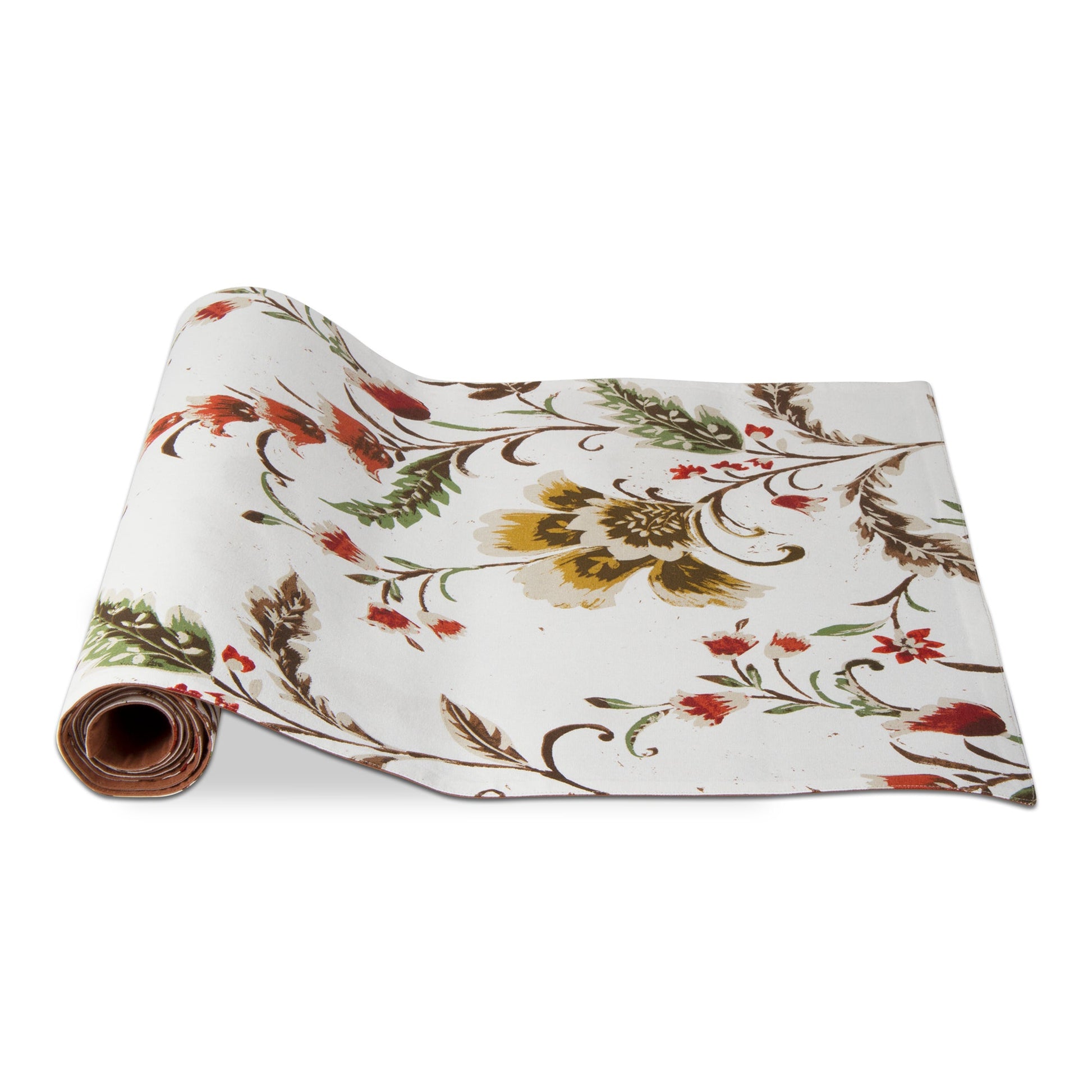 partially rolled-up table runner with a floral pattern in beige, brown, white, orange, and green colors.