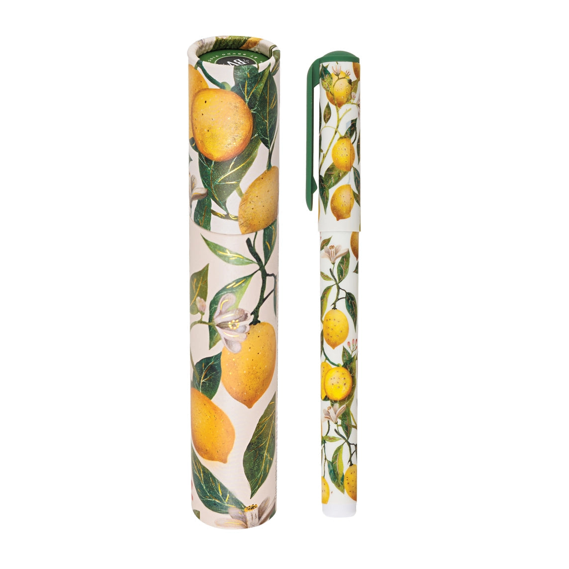 Pen and pen case with lemon and leaves pattern on a white background