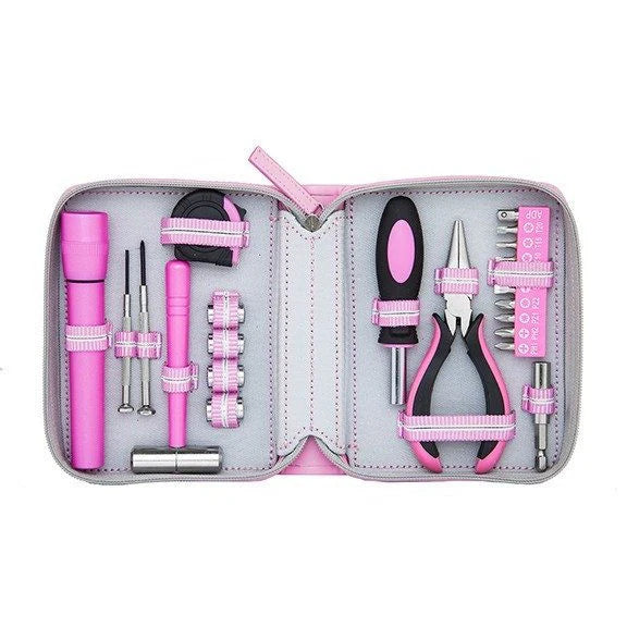 open pink fix it kit showing tools inside