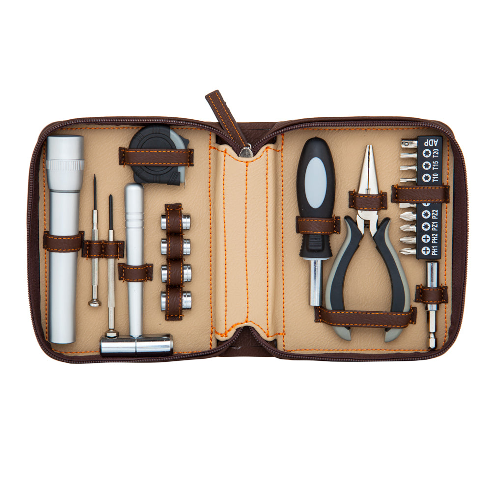 open brown fix it kit showing tools and flashlight.