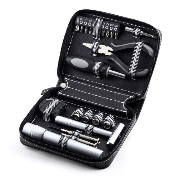 open black fix it kit showing tools and flashlight.