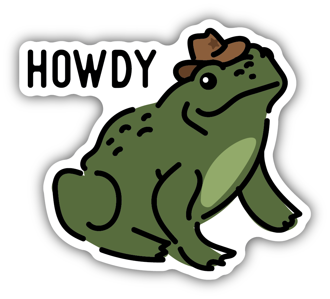 "howdy" text that is next to a green frog wearing a tiny cowboy hat