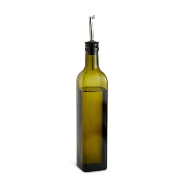 Green glass oil bottle with a pouring spout on a white background