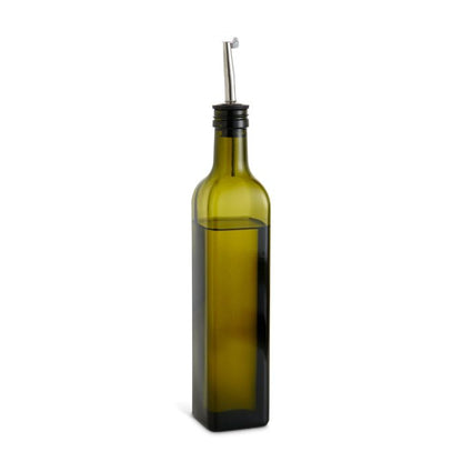 Green glass oil bottle with a pouring spout on a white background