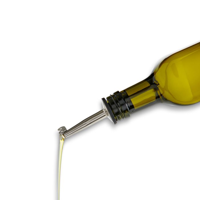 green glass Bottle of olive oil with a pouring spout on a white background