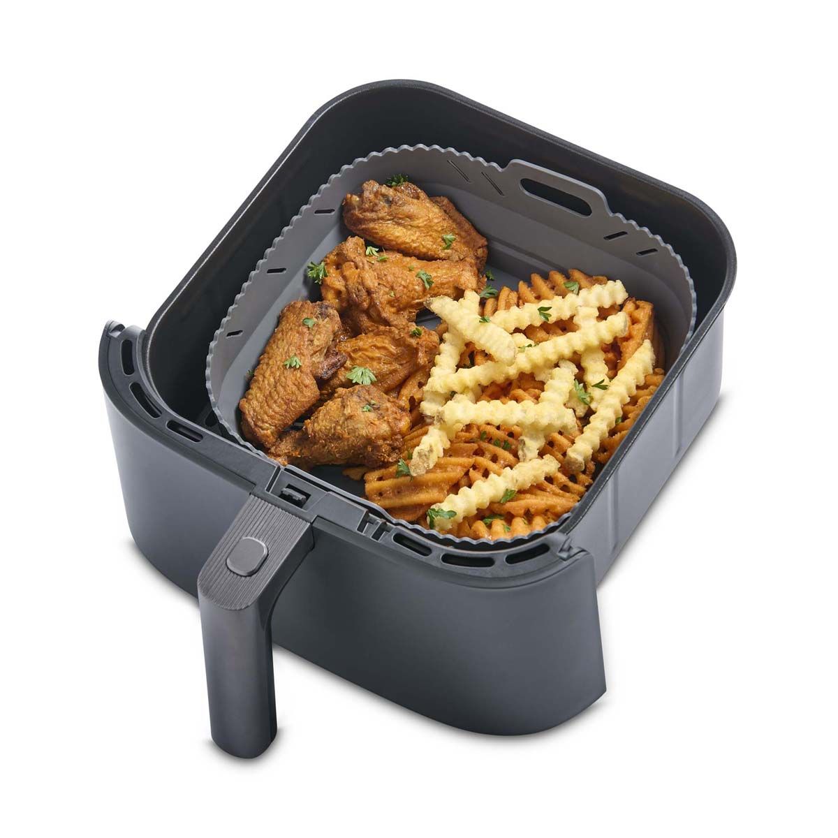 square Silicone Air Fryer Liner in an air fryer basket with food in it