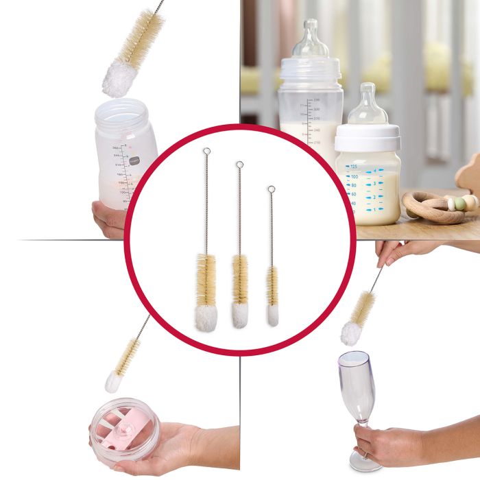 Set of bottle cleaning brushes in a close-up inset, used for cleaning bottles and other containers.