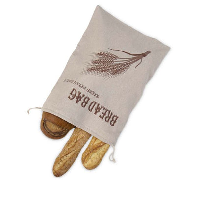 Bread bag with wheat design with bread inside on a white background