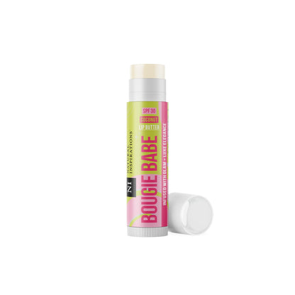 bougie babe lip balm with light green....bel and lid off on a white background