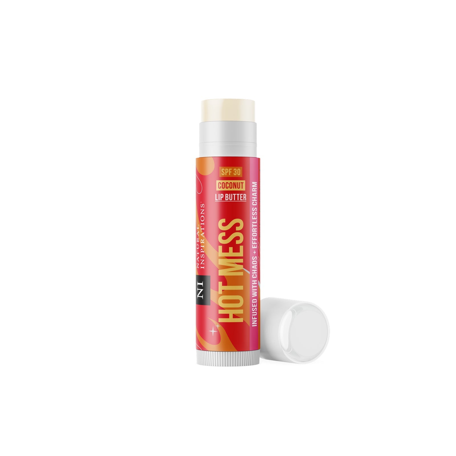 Hot mess lip balm with red and orange label and lid on a white background