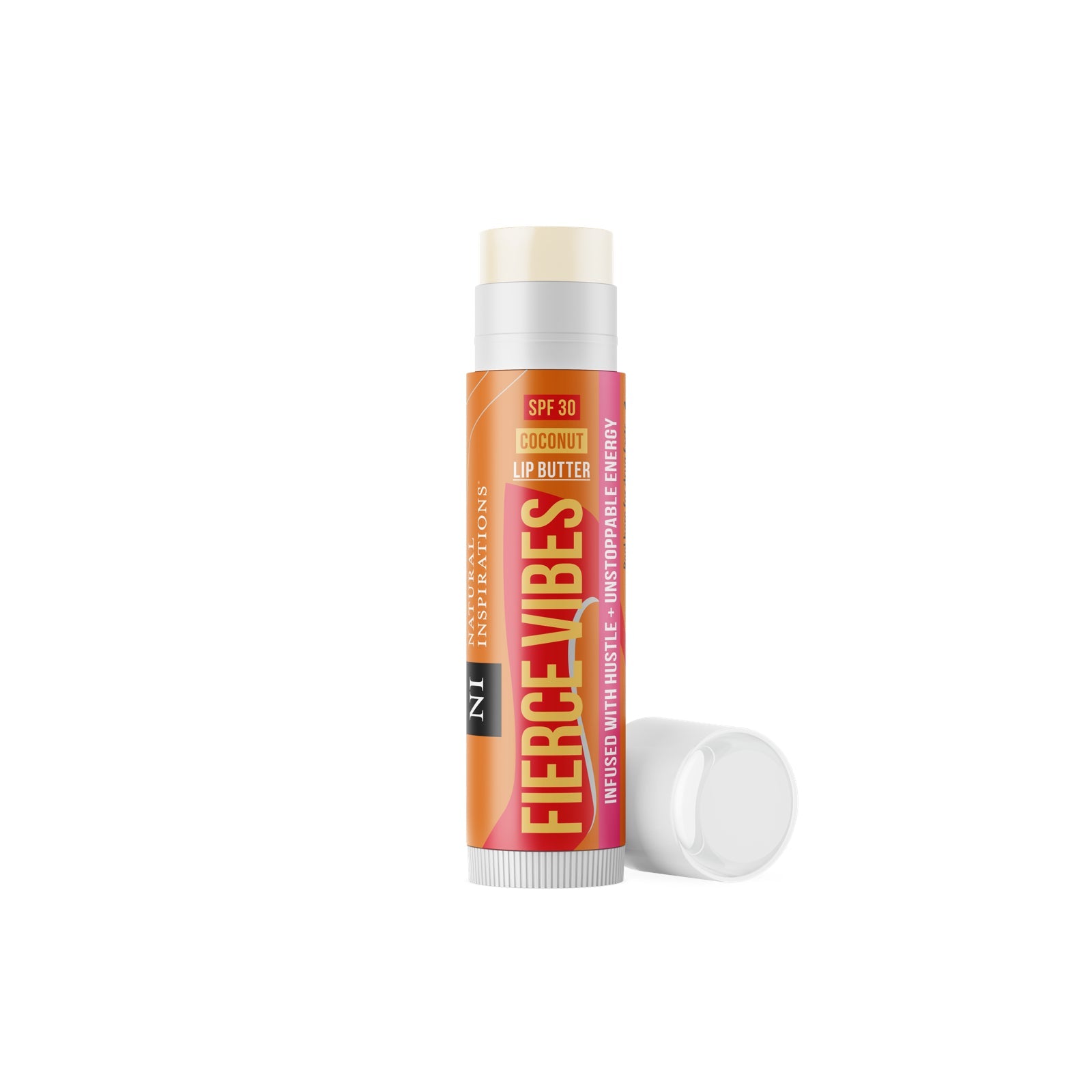 Fierce vibes lip balm with orange and red packaging shown with lid off on a white background