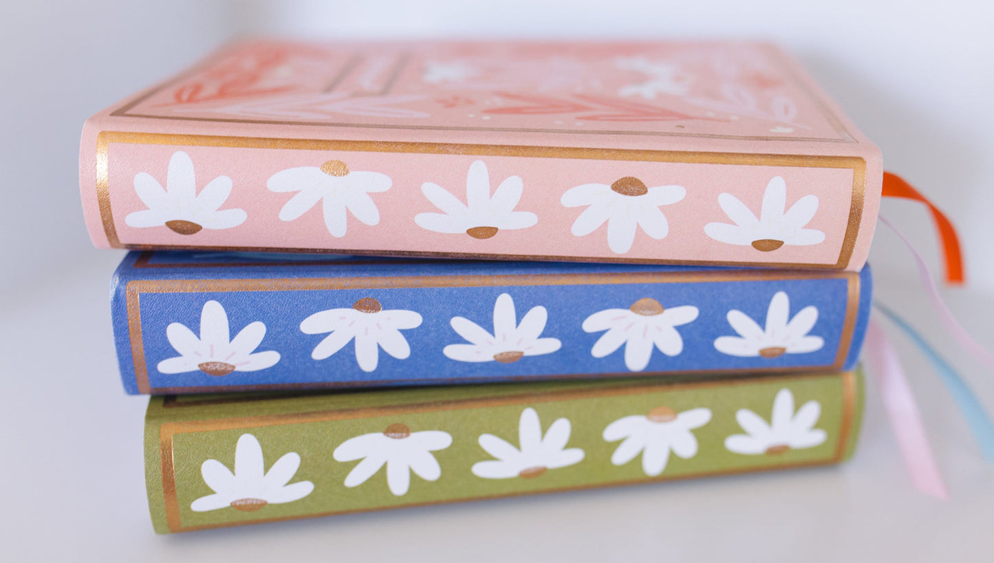 spines of 3 assorted book journals stacked