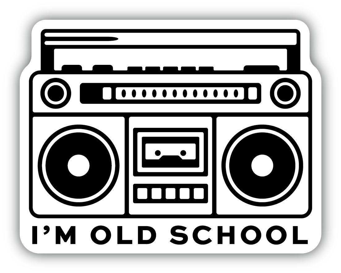black and white retro style boom box with text underneath "I'm old school"