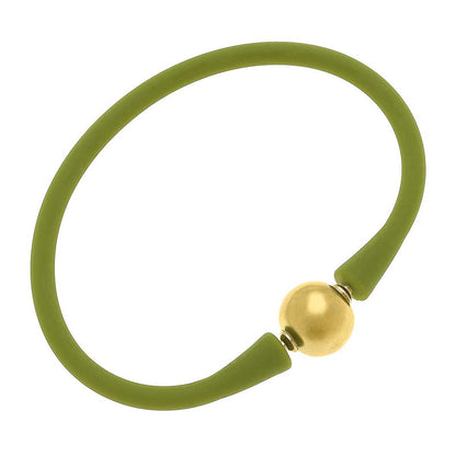 peridot Bali 24K Gold Plated Bead Silicone Bracelet on a white background.