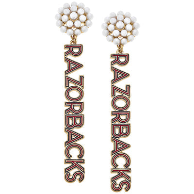 earings with a pearl cluster and "razorbacks" in red, black, and gold dangling from the pearls.