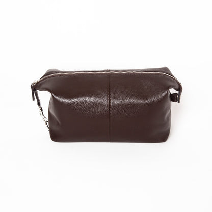 front view of the stanford toiletry bag in brown