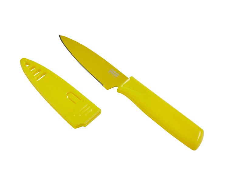 lemon yellow paring knife with sheath on white background