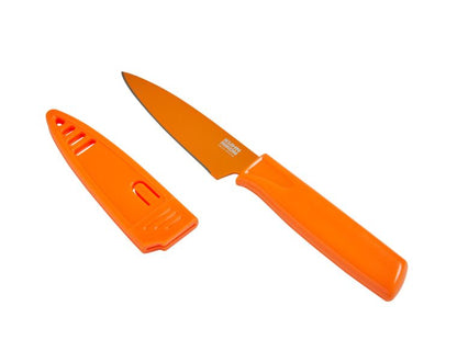 tangerine orange paring knife with sheath on white background