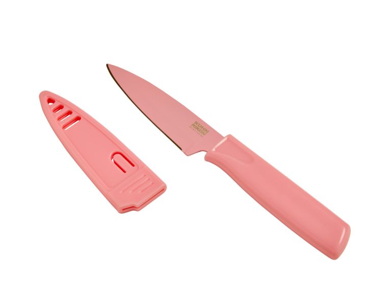 bubblegum pink paring knife with sheath on white background