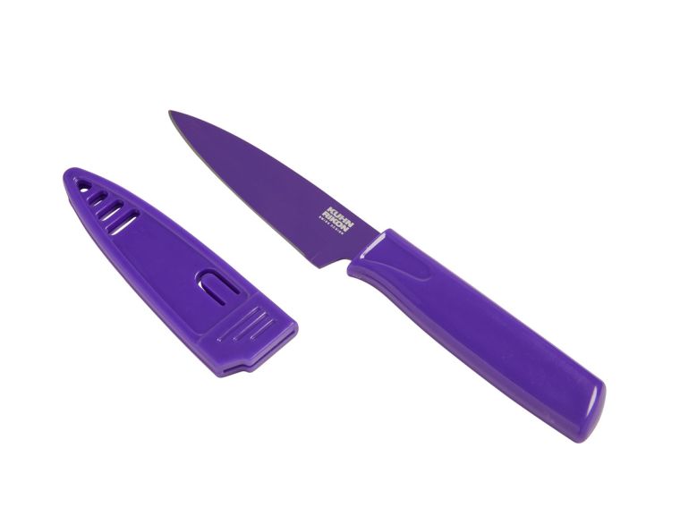 eggplant purple paring knife with sheath on white background