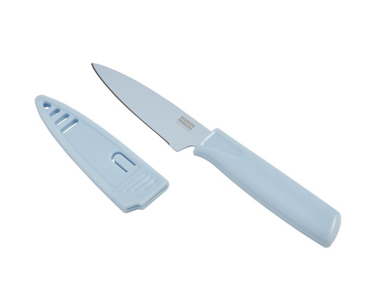 sea salt pale bluish gray paring knife with sheath on white background