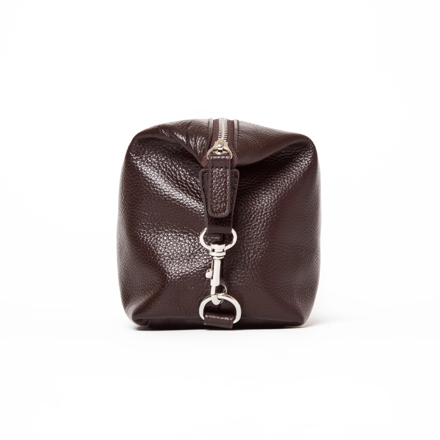 side view of the stanford toiletry bag in brown