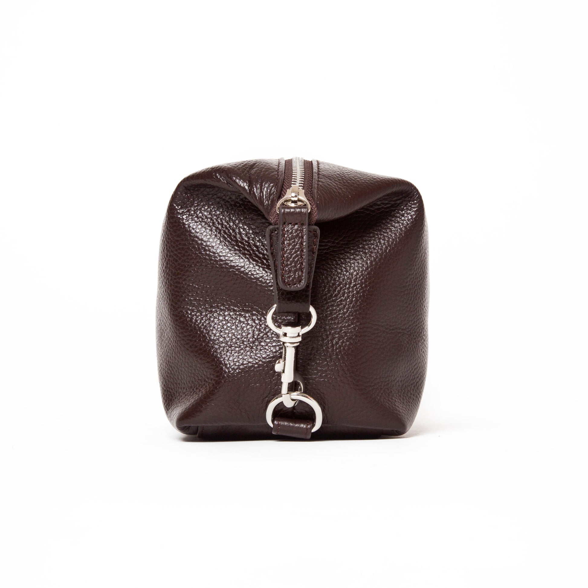 side view of the stanford toiletry bag in brown