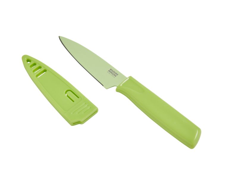 pistachio green paring knife with sheath on white background