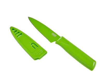 lime green paring knife with sheath on white background