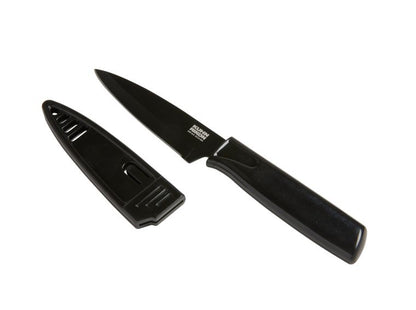licorice (black) paring knife with sheath on white background