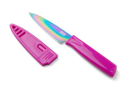 rainbow blade pairing knife with a hot pink handle and sheath on a white background
