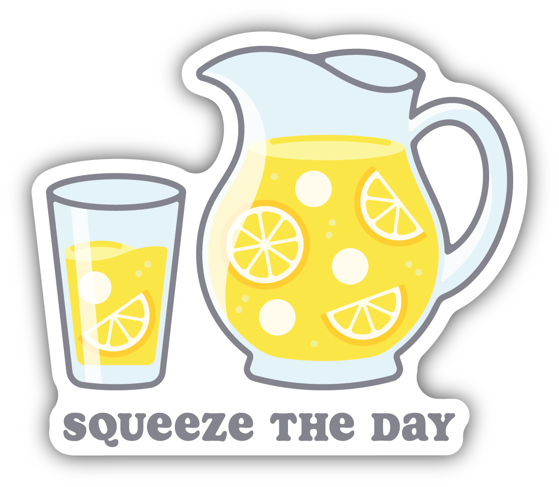 a pitcher and glass filled with lemonade with gray text "squeeze the day" text at the bottom